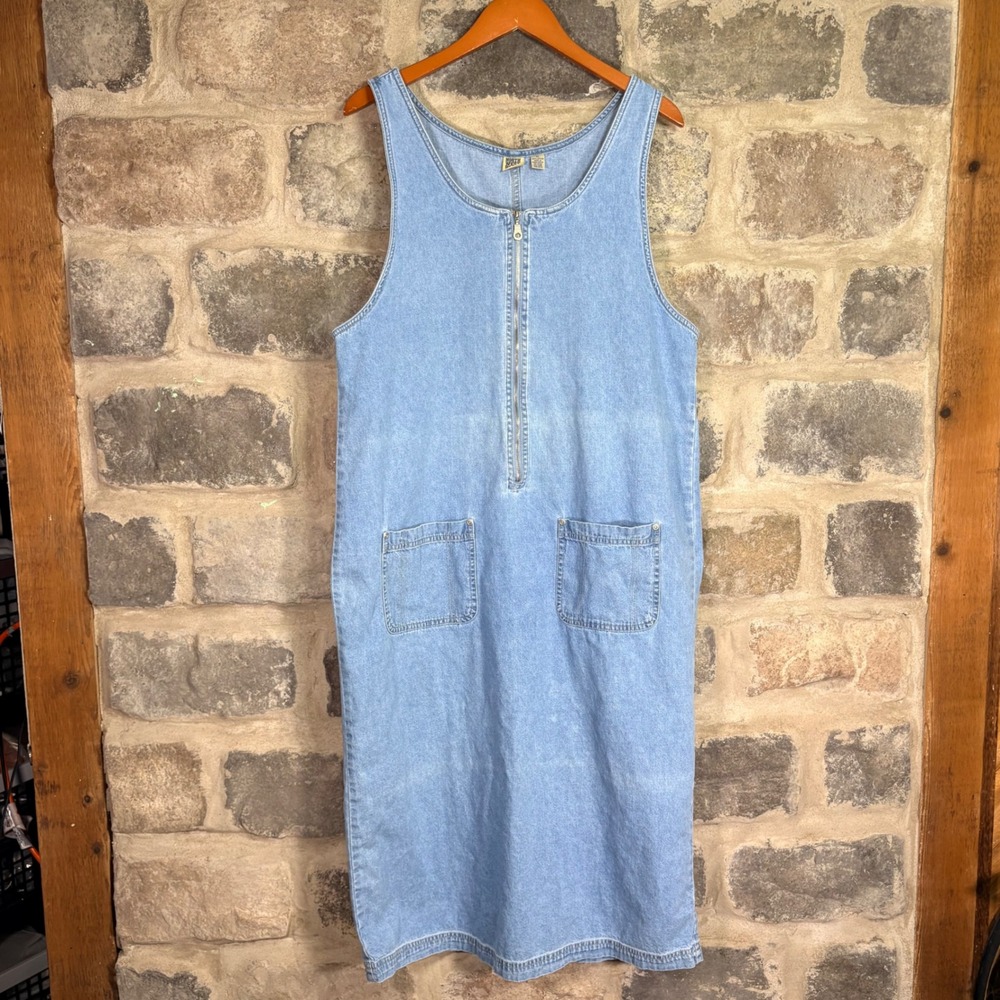 VTG North West Blue Denim Jumper Dress XL Light Wash Zip Front Sleeveless Midi